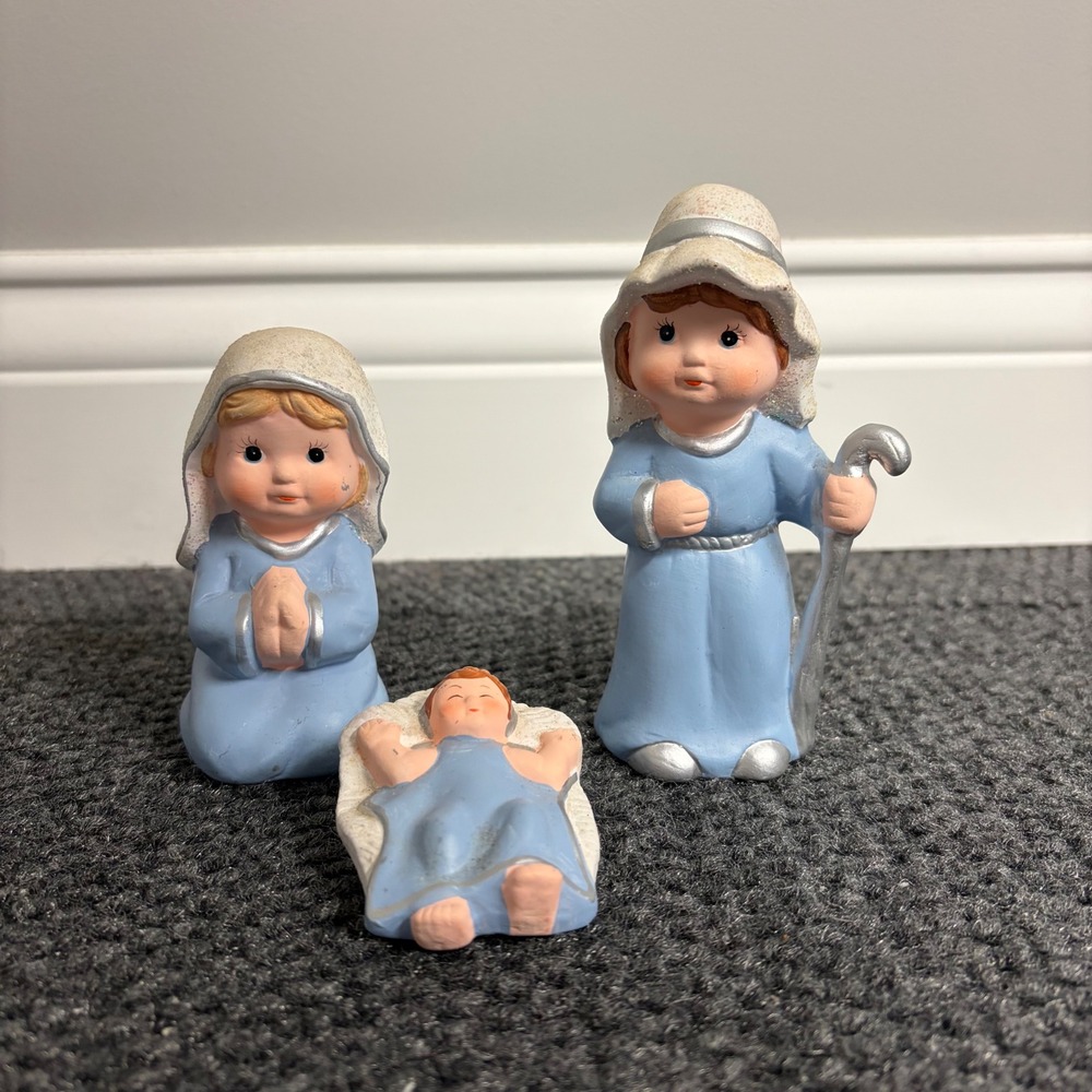 Vintage Autom 3 Piece Nativity Set Mary Joseph Baby Jesus Blue Ceramic Figurines